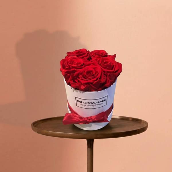 5 red eternal roses in a white flower box